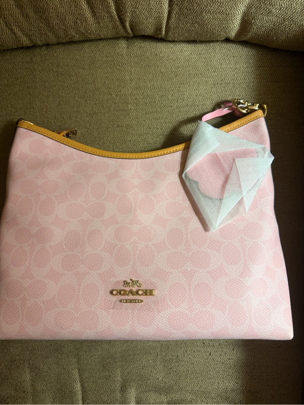 Coach Pink Signature Canvas Shoulder Bag with Tan Trim and Gold Hardware